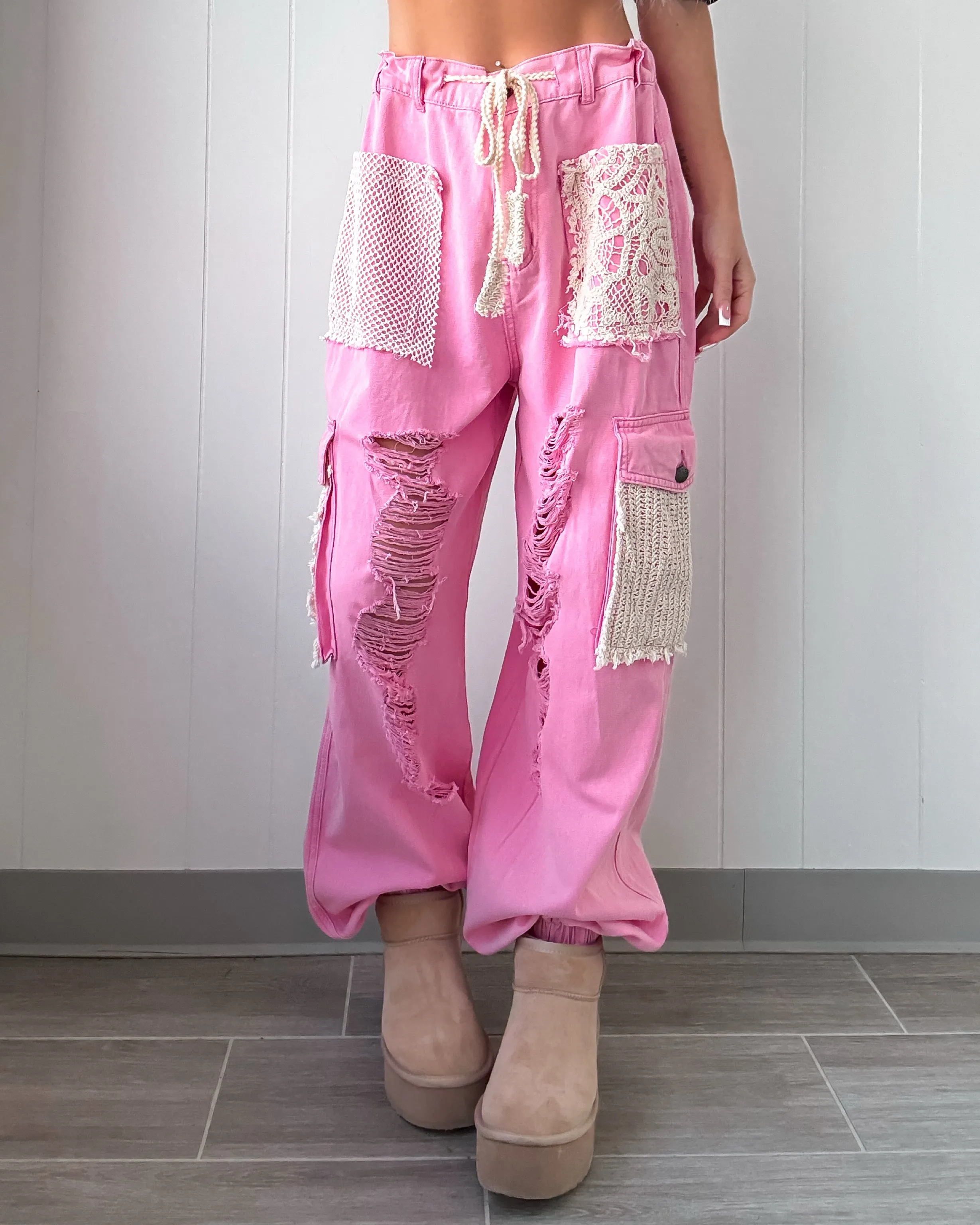 It's A Crush Crochet Patch Denim Joggers - Pink