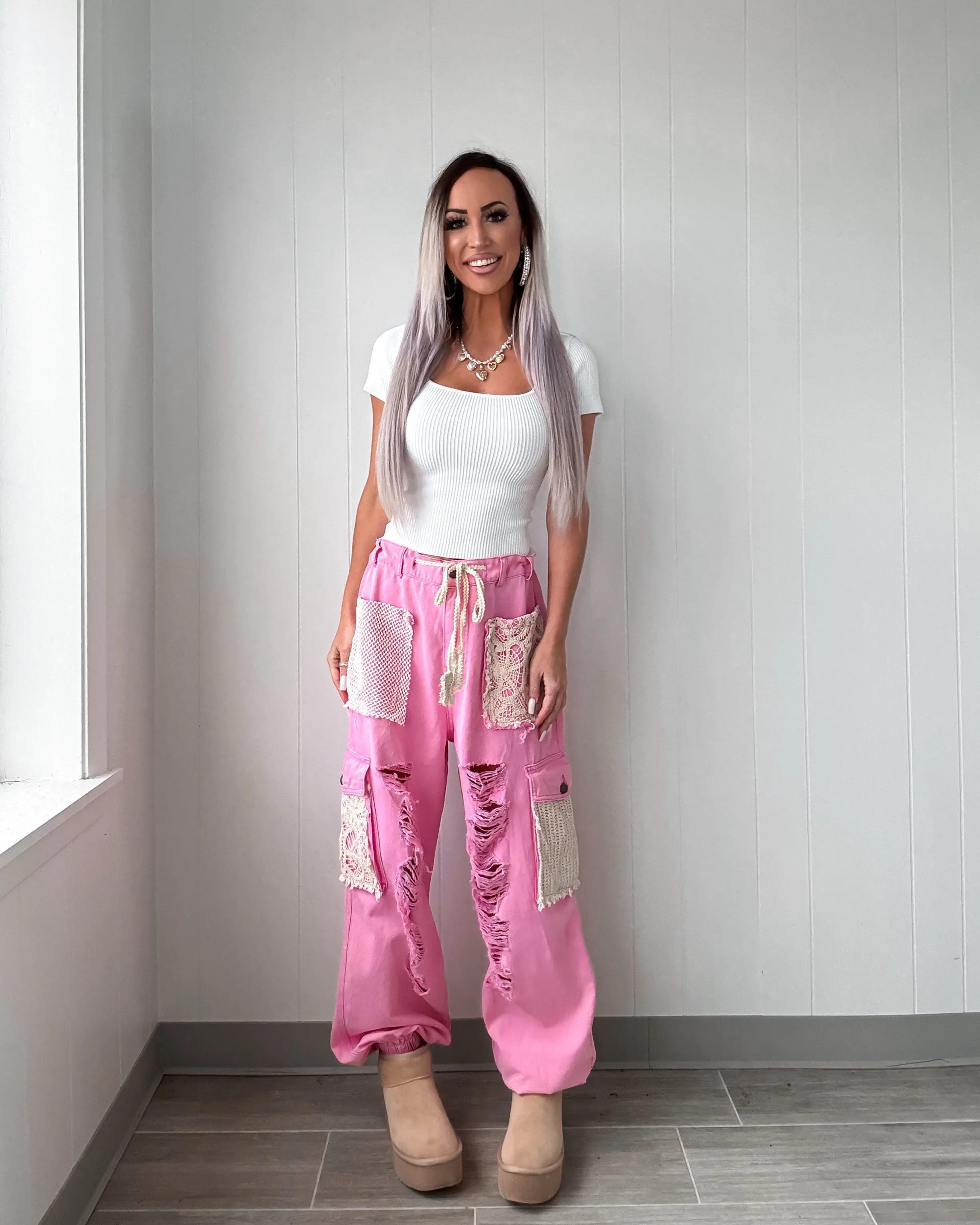 It's A Crush Crochet Patch Denim Joggers - Pink