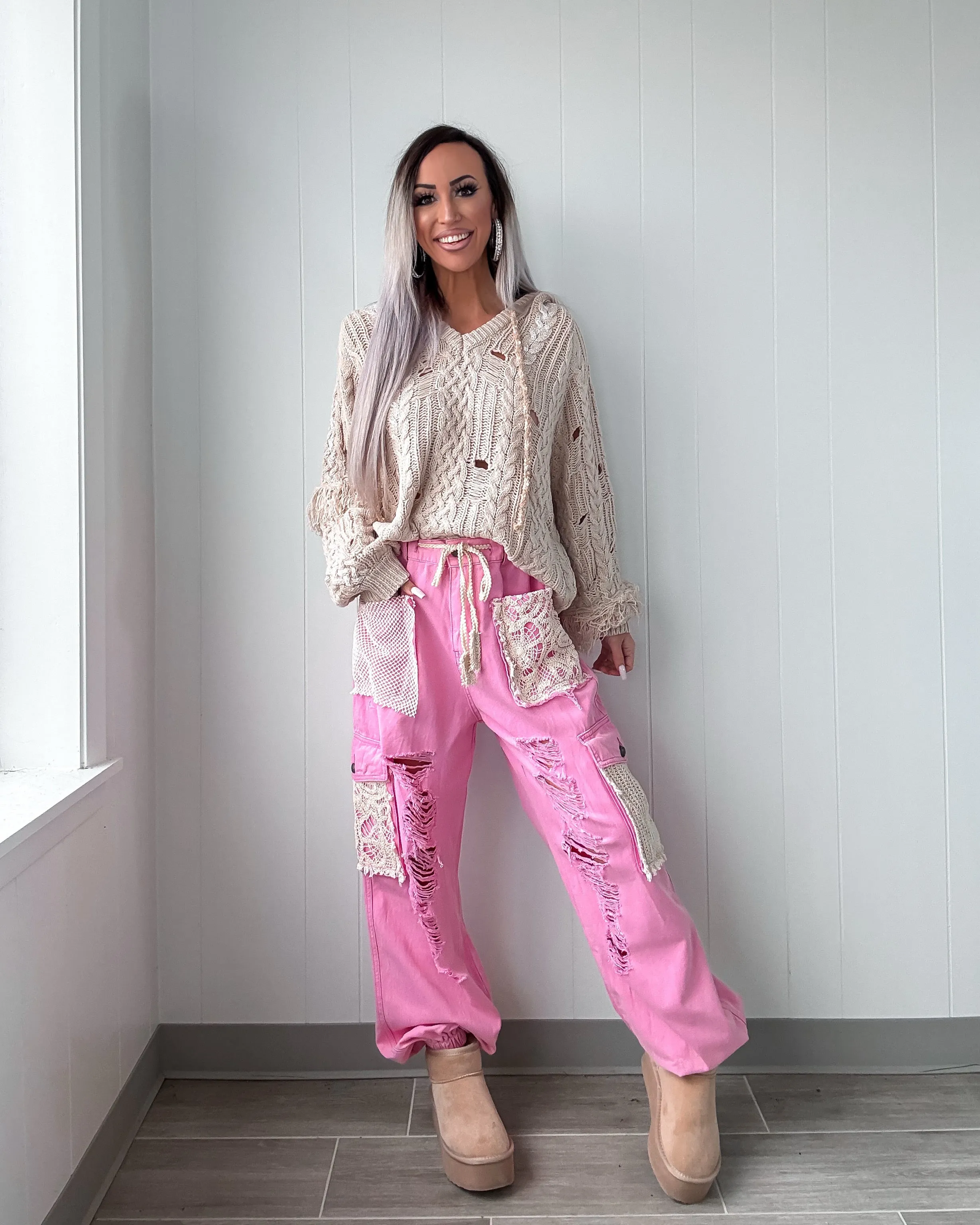 It's A Crush Crochet Patch Denim Joggers - Pink