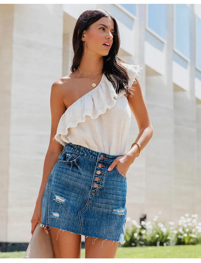 Ivyshape | Casual Denim Skirt with Ripped Wash and Multi-Button Detail