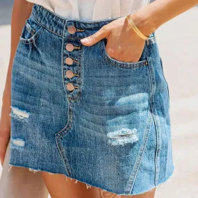 Ivyshape | Casual Denim Skirt with Ripped Wash and Multi-Button Detail