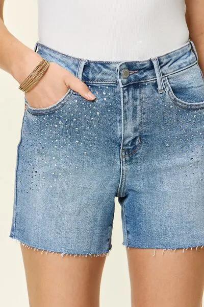 Judy Blue High Waist Med Wash Rhinestone Embellished Denim Shorts