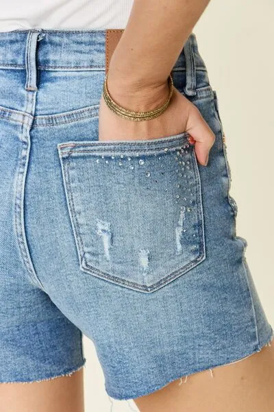 Judy Blue High Waist Med Wash Rhinestone Embellished Denim Shorts