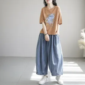 Loose Elastic Drawstring Denim Pants