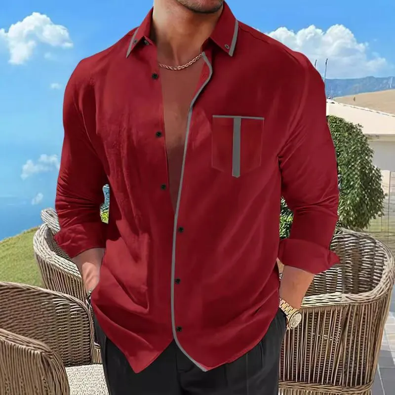 Men's Casual Colorblock Pocket Loose Long Sleeve Shirt 23350941Y