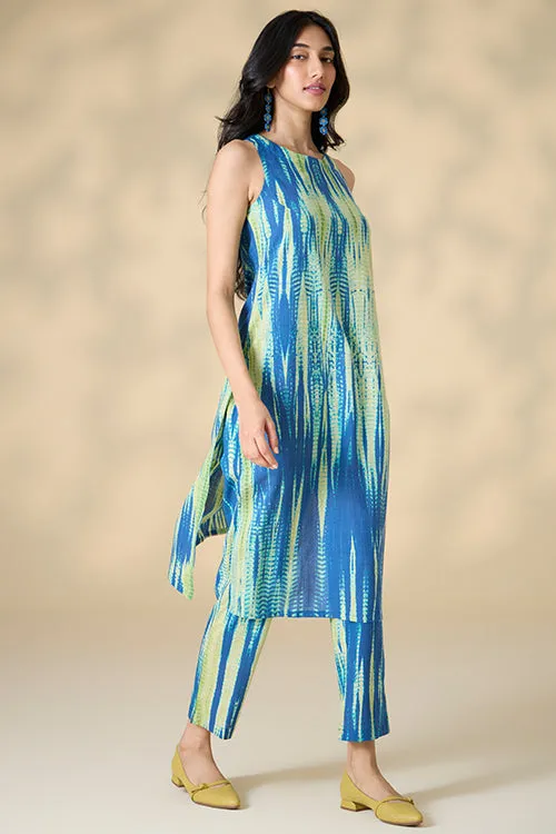 Okhai "Capri Shores" Tie-and-Dye Pure Cotton Blue Green Kurta Pant Set