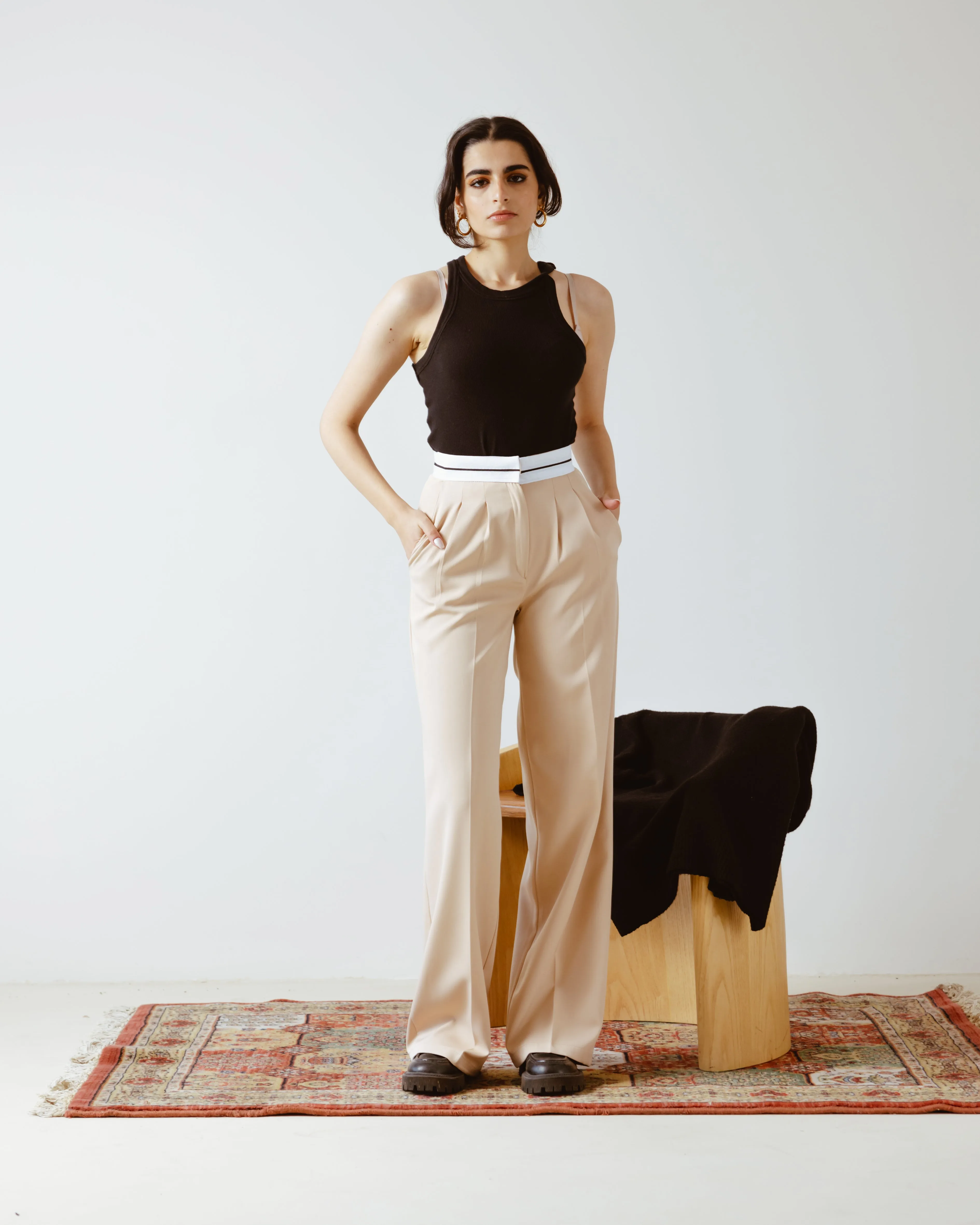 PANTS WITH TURN-DOWN WAIST BEIGE