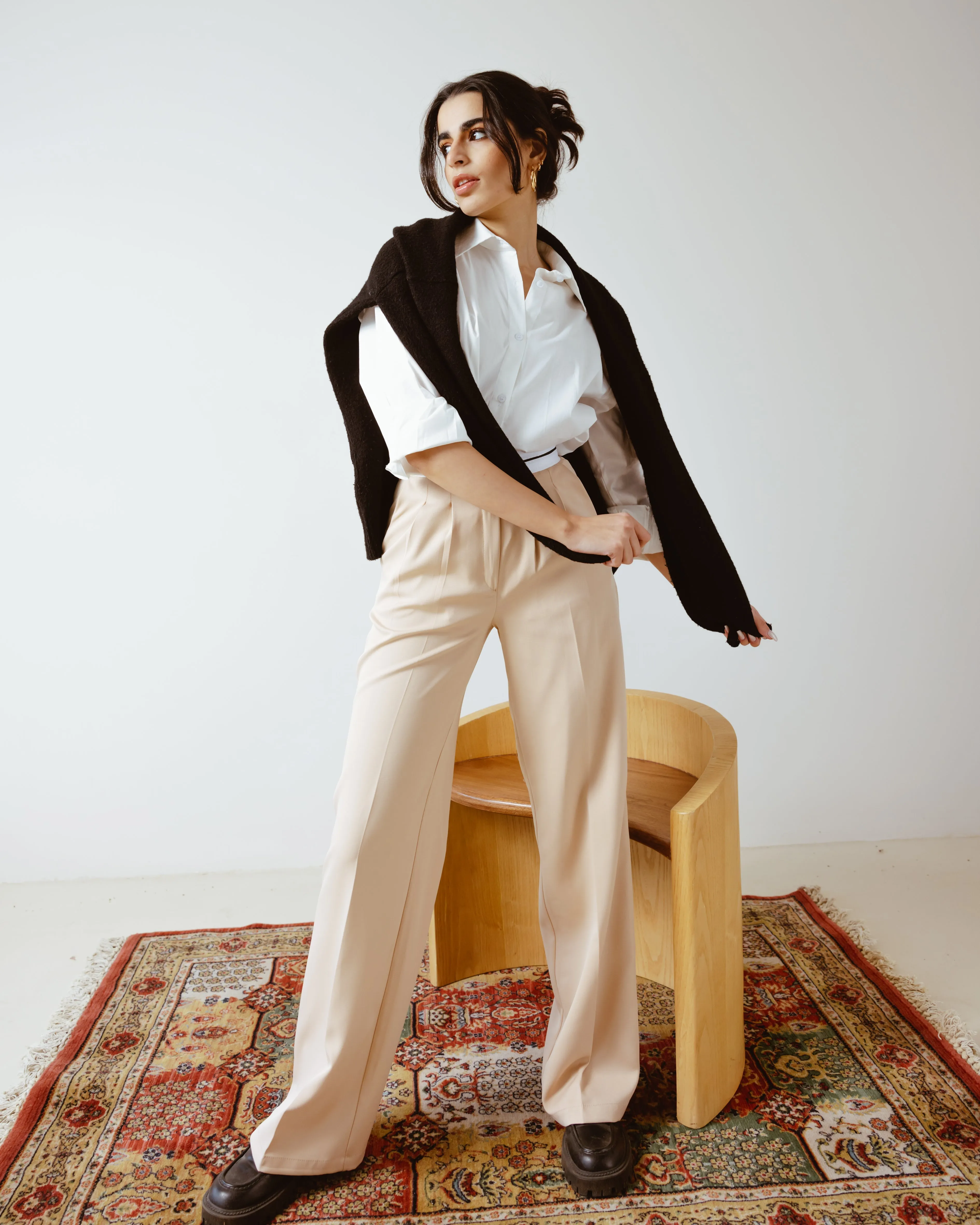 PANTS WITH TURN-DOWN WAIST BEIGE