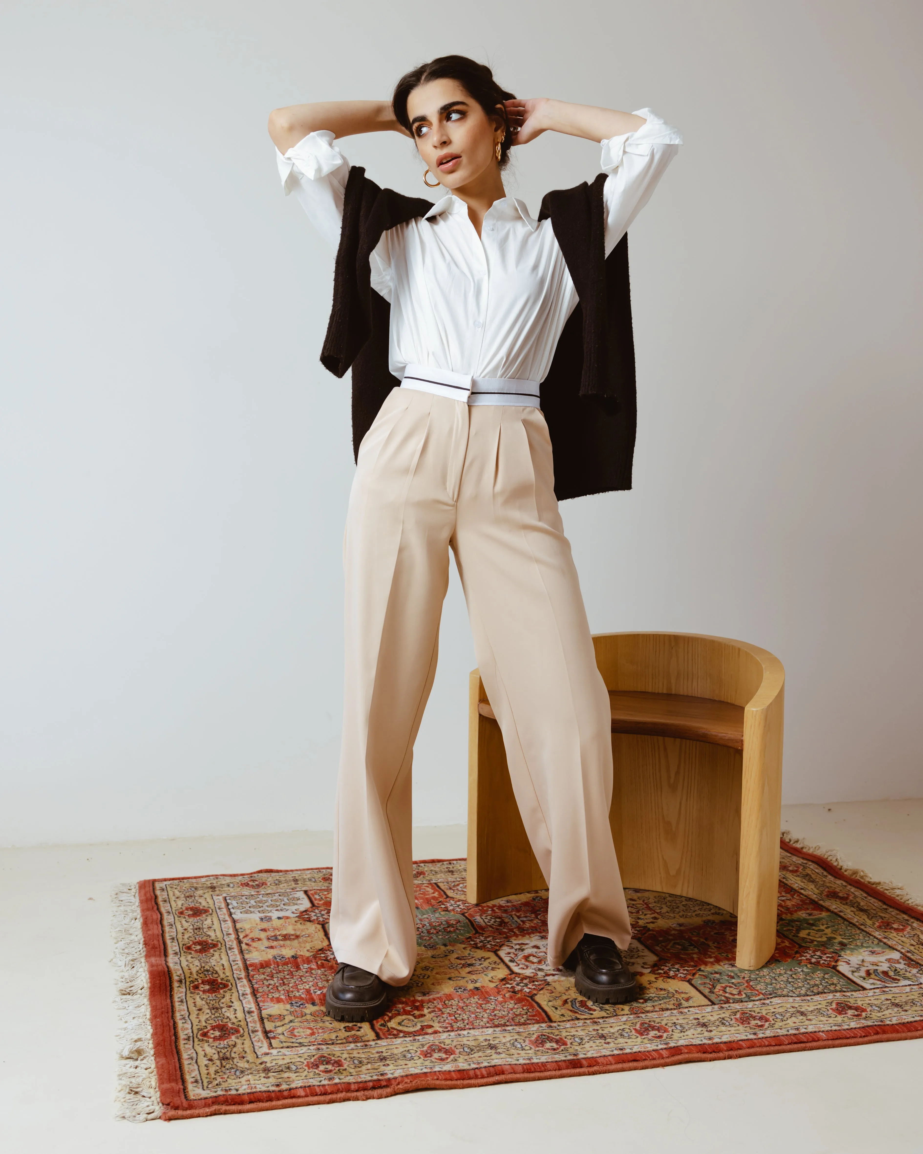 PANTS WITH TURN-DOWN WAIST BEIGE