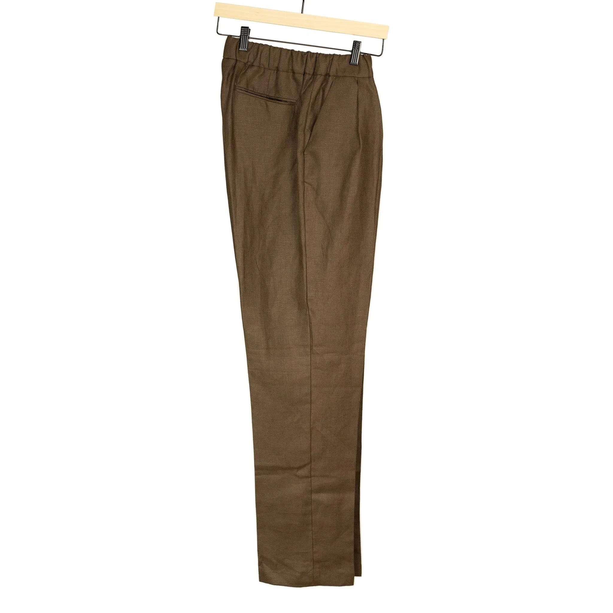 Pleated drawstring easy pants in chocolate brown Irish linen