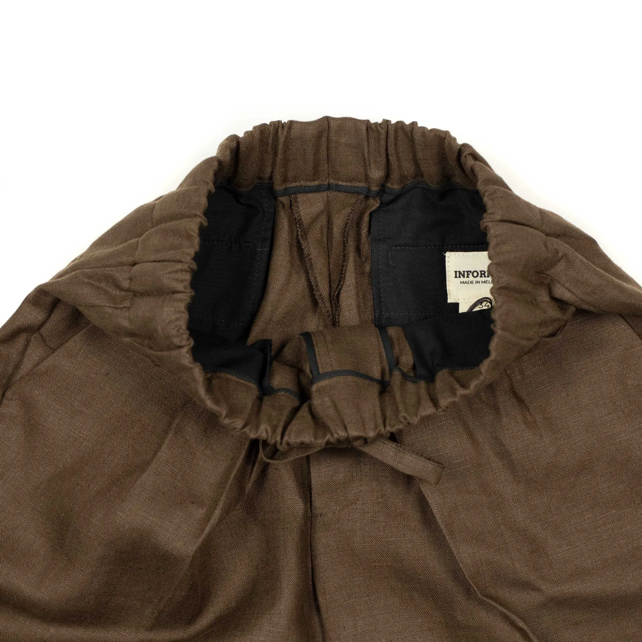 Pleated drawstring easy pants in chocolate brown Irish linen