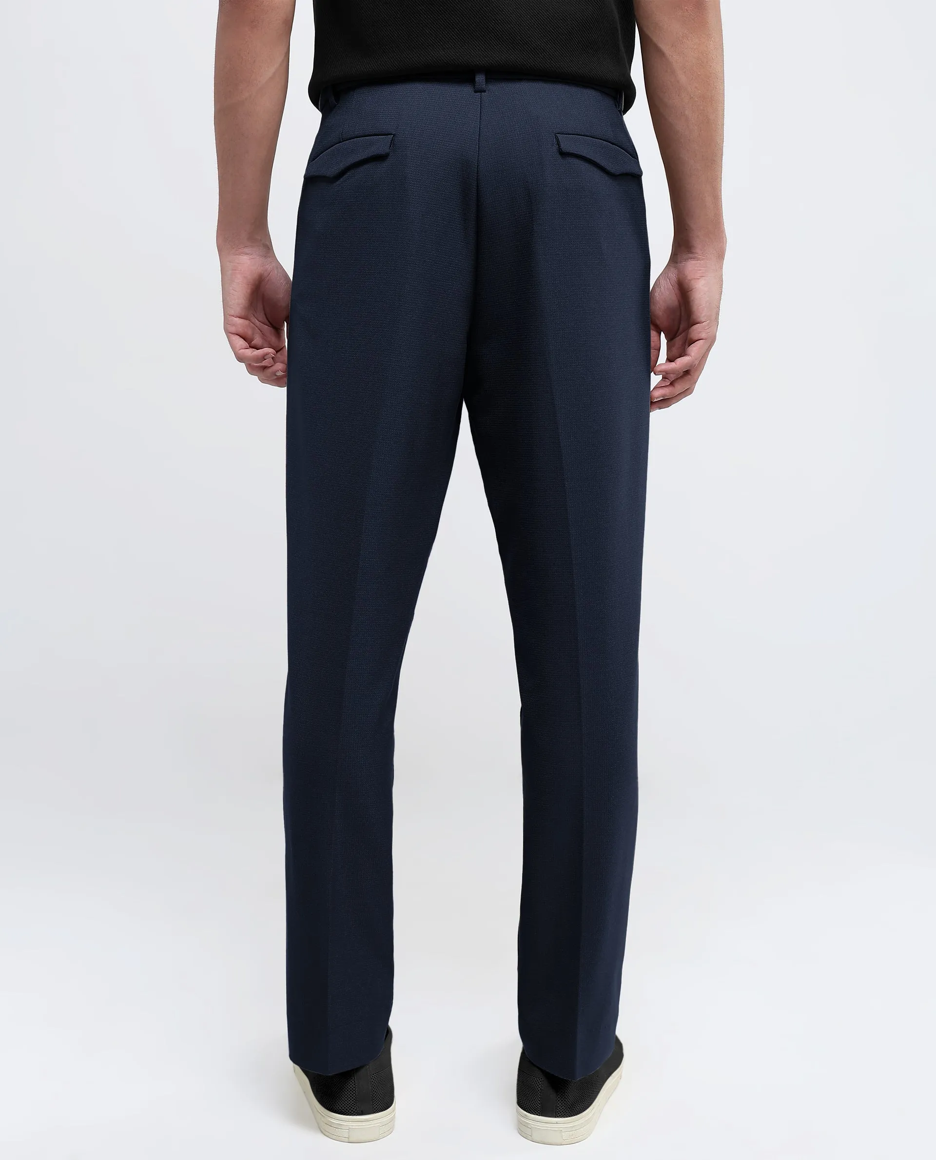 Rare Rabbit Men Austin Navy Button And Zip Closure Relaxed Fit Plain Trouser