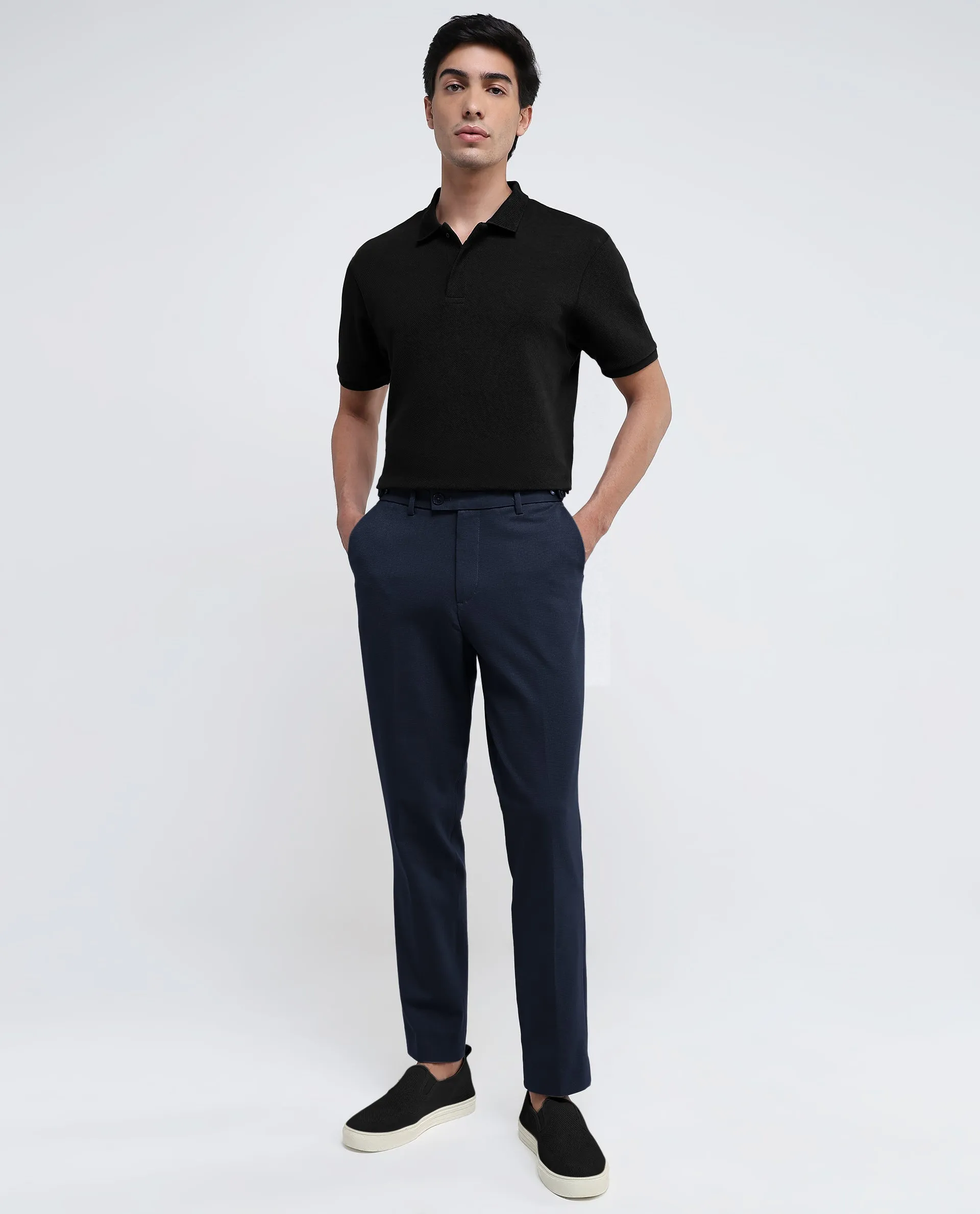 Rare Rabbit Men Austin Navy Button And Zip Closure Relaxed Fit Plain Trouser