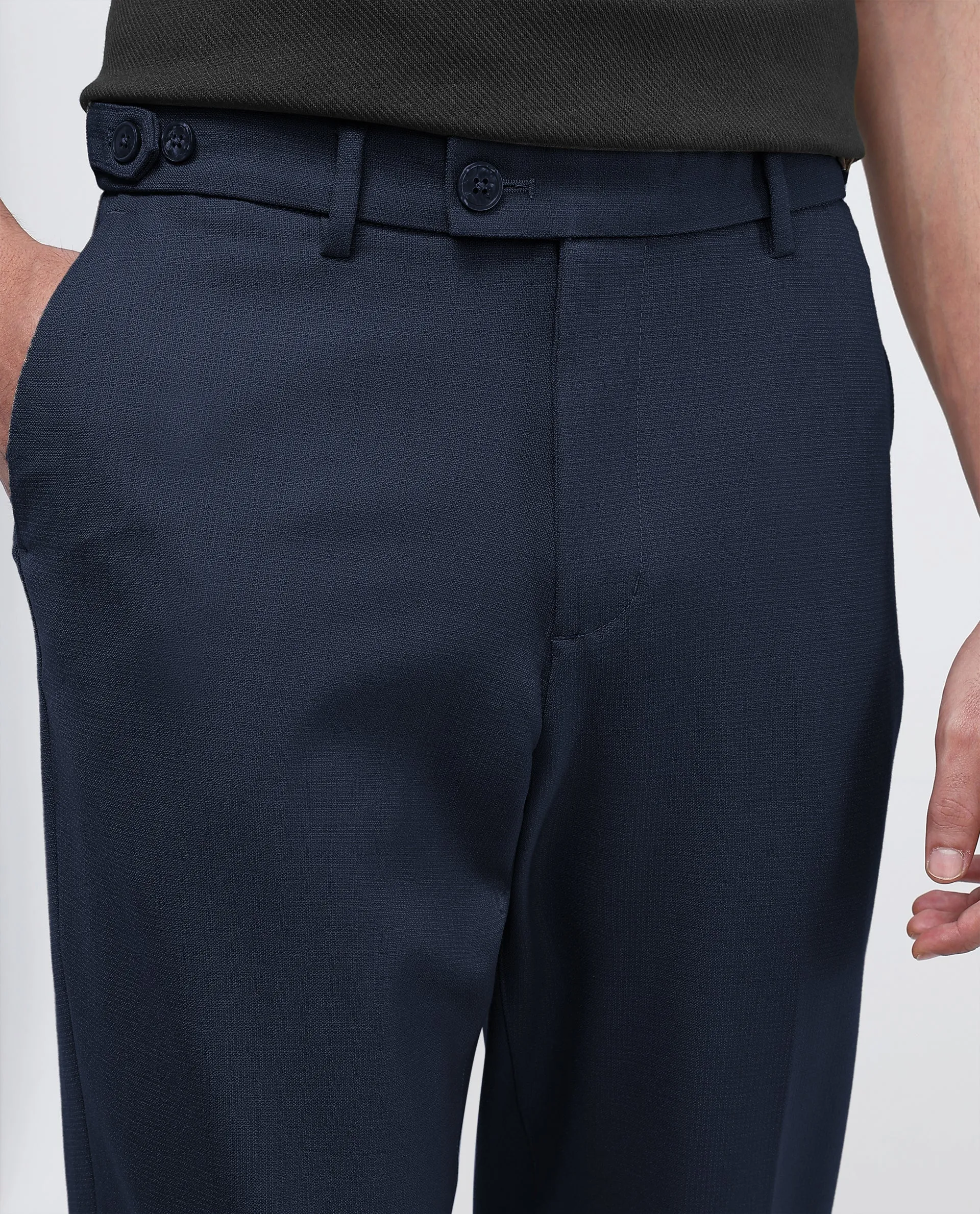 Rare Rabbit Men Austin Navy Button And Zip Closure Relaxed Fit Plain Trouser