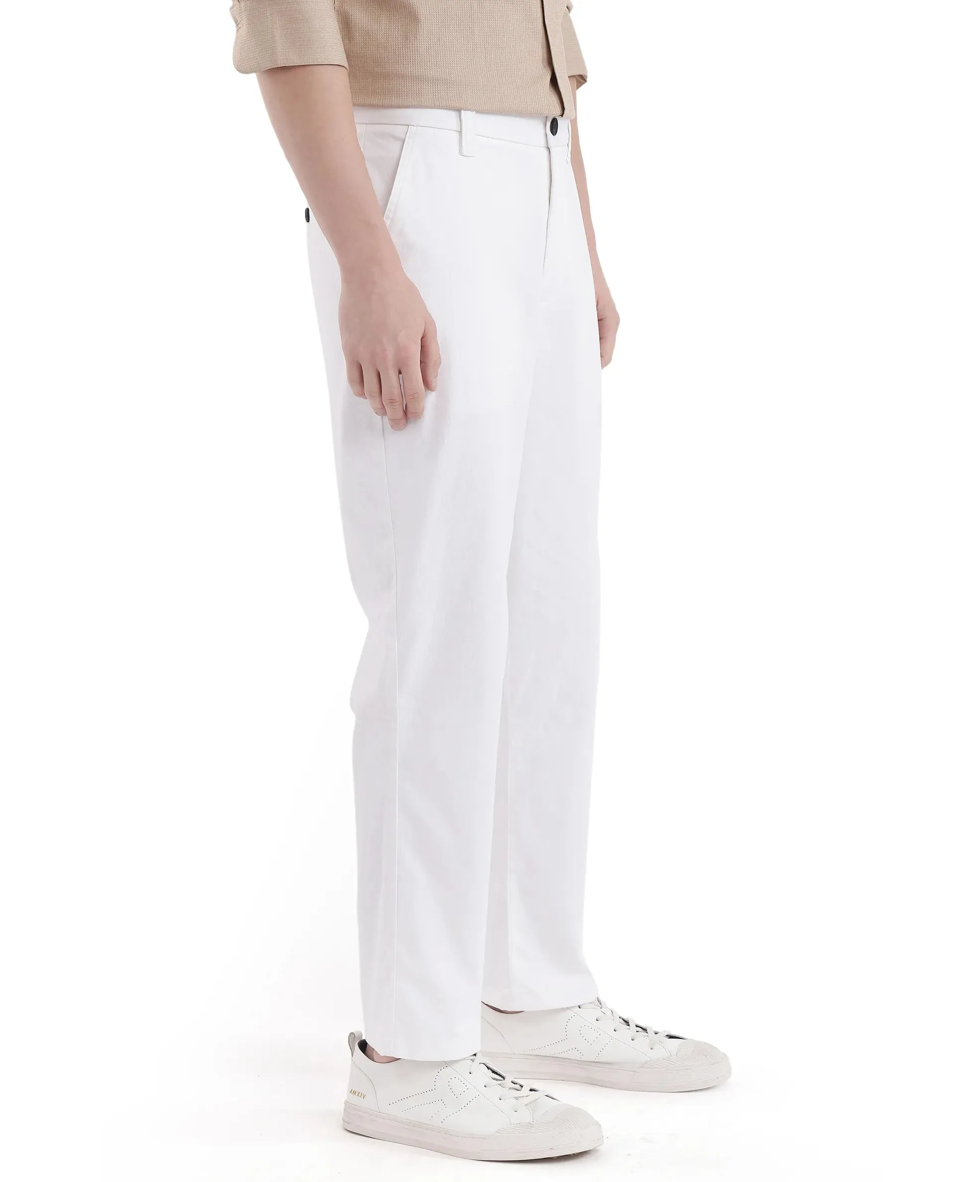 Rare Rabbit Men Oren White Cotton Fabric Mid Rise Straight Fit Solid Trouser