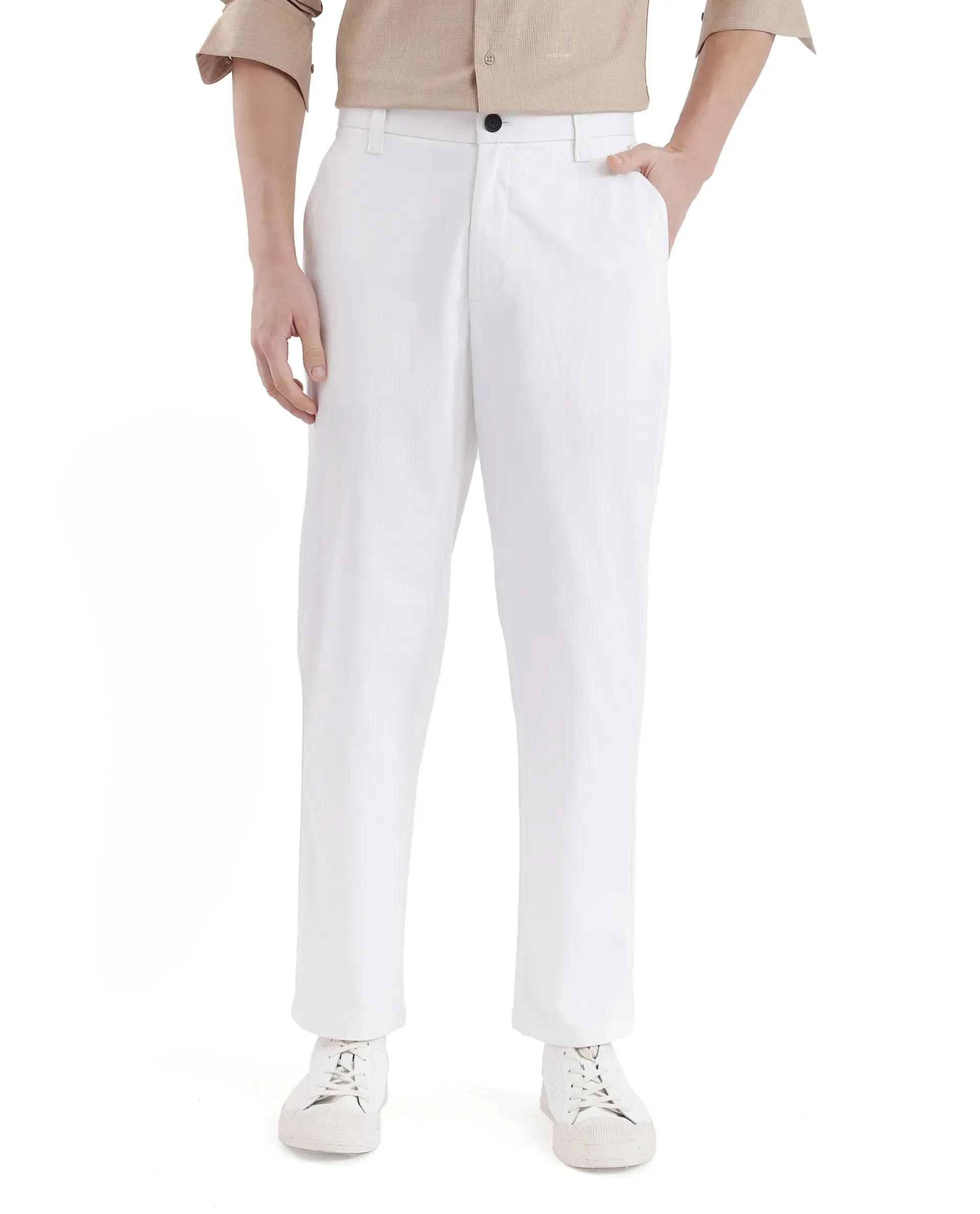 Rare Rabbit Men Oren White Cotton Fabric Mid Rise Straight Fit Solid Trouser