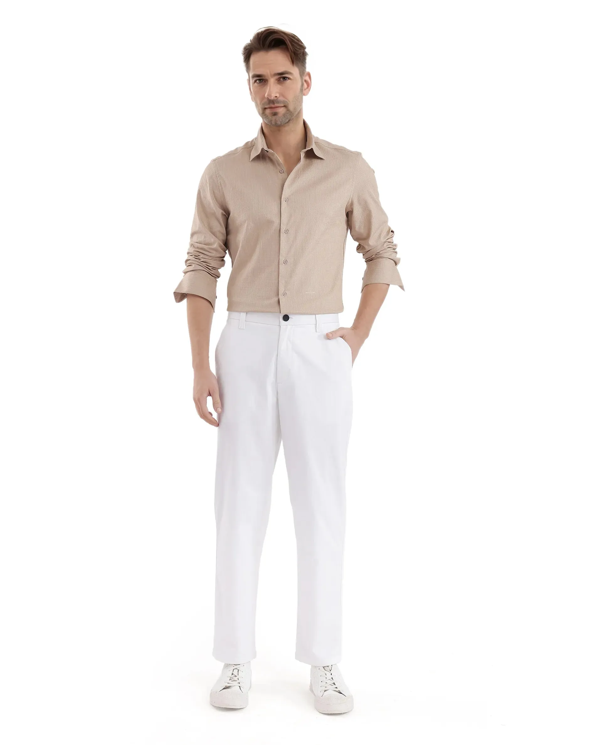 Rare Rabbit Men Oren White Cotton Fabric Mid Rise Straight Fit Solid Trouser