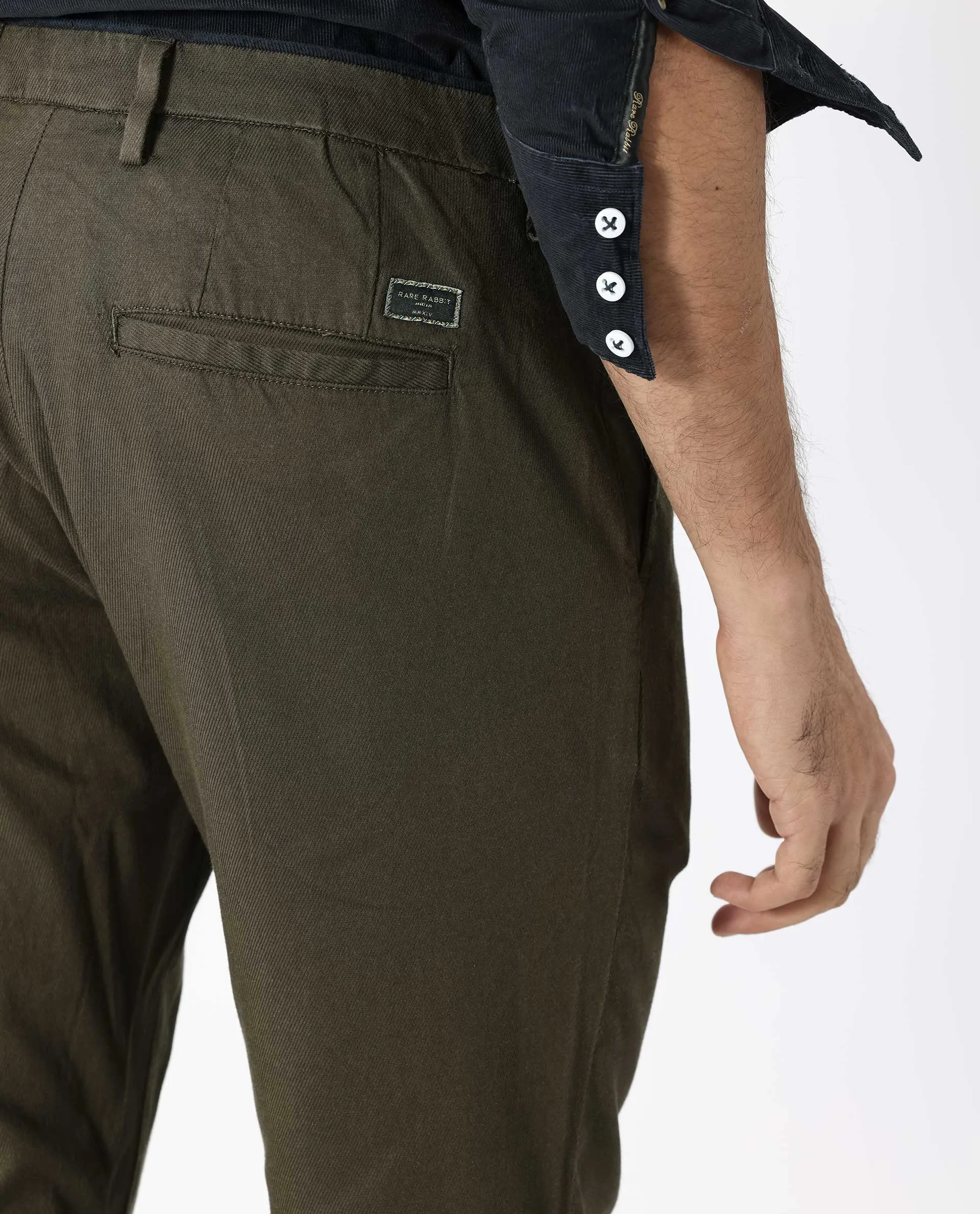 Rare Rabbit Men's Cellular Olive Solid Mid-Rise Regular Fit Twill Trouser