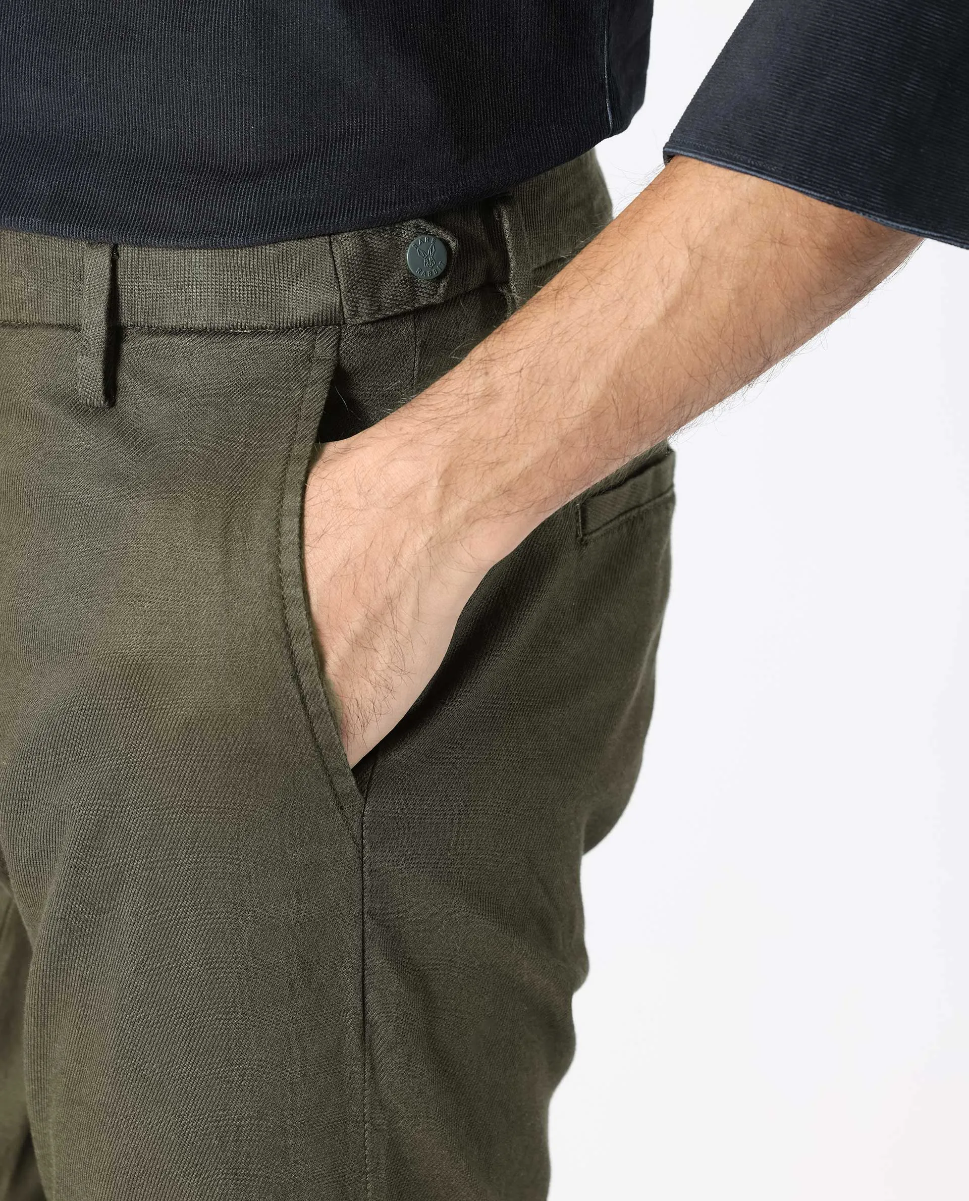 Rare Rabbit Men's Cellular Olive Solid Mid-Rise Regular Fit Twill Trouser