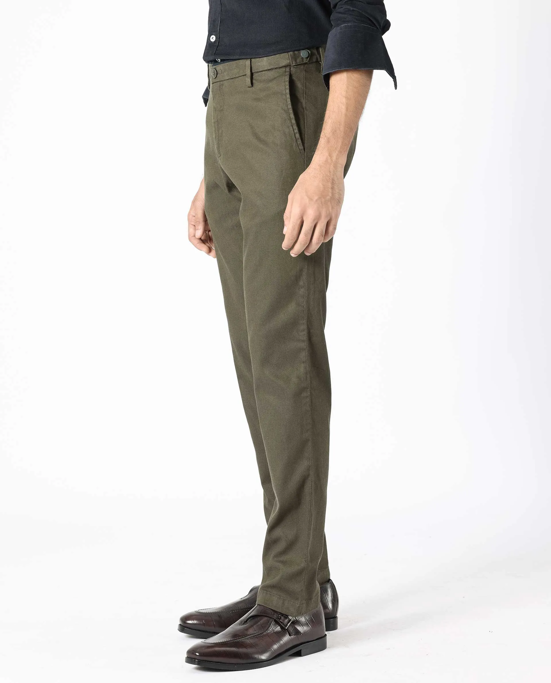 Rare Rabbit Men's Cellular Olive Solid Mid-Rise Regular Fit Twill Trouser