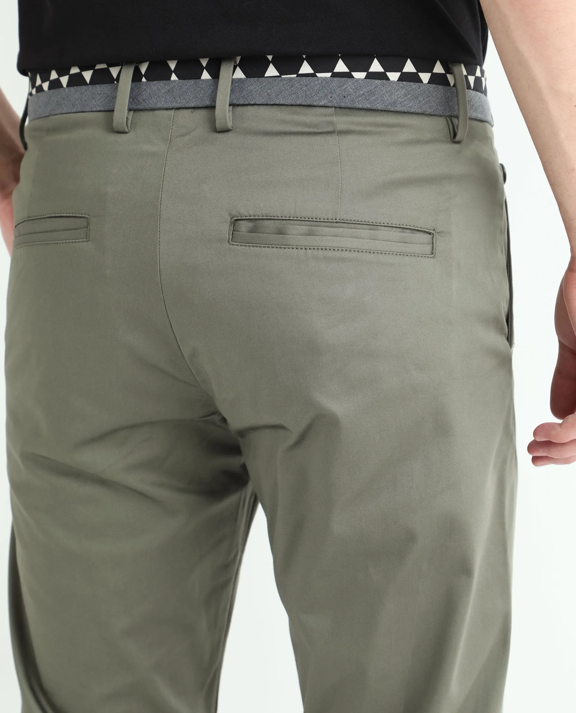 Rare Rabbit Men's Daron Olive Solid Mid-Rise Regular Fit Stretch Trousers