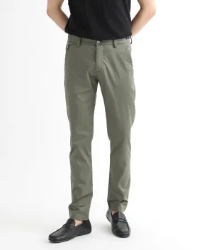 Rare Rabbit Men's Daron Olive Solid Mid-Rise Regular Fit Stretch Trousers