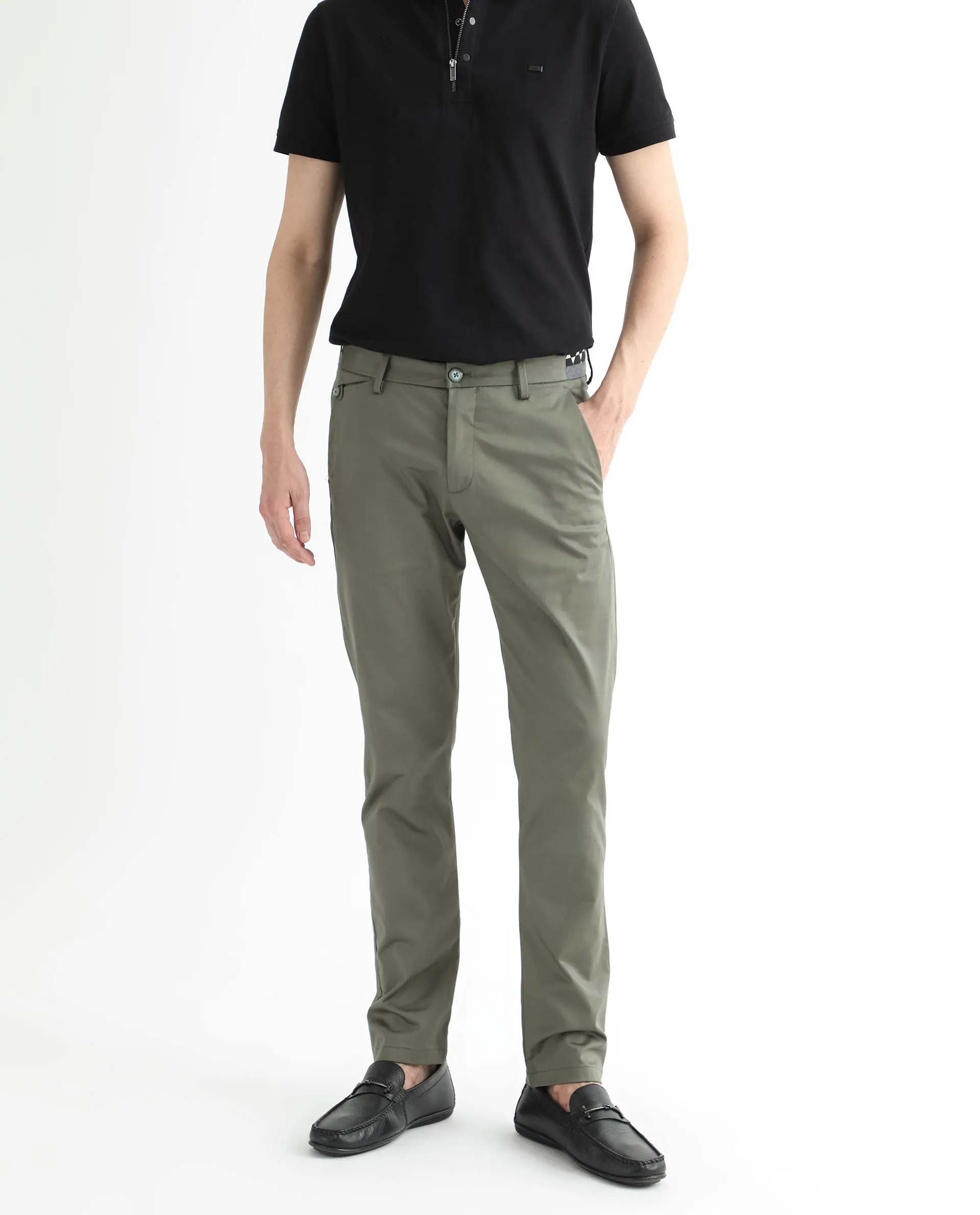 Rare Rabbit Men's Daron Olive Solid Mid-Rise Regular Fit Stretch Trousers