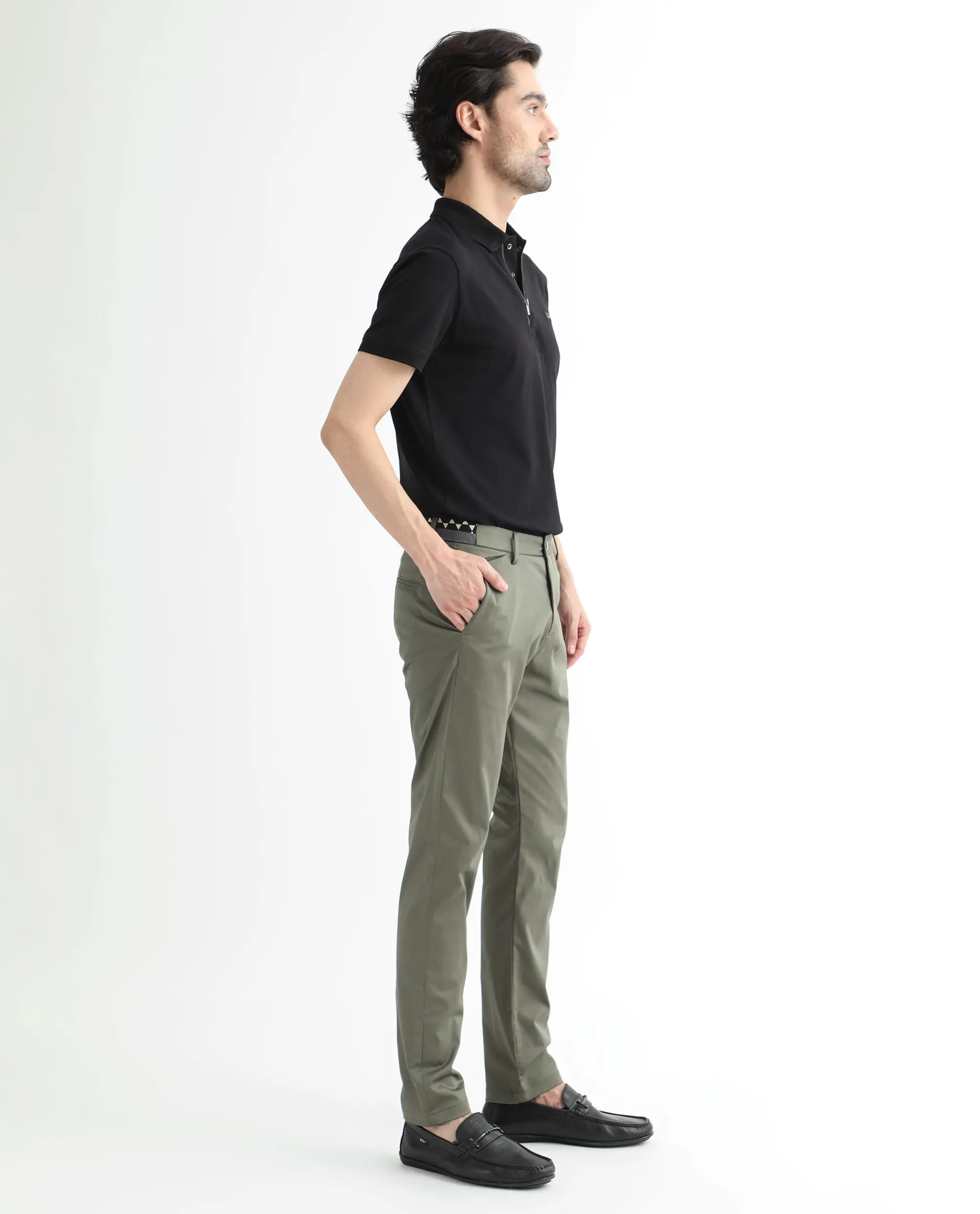 Rare Rabbit Men's Daron Olive Solid Mid-Rise Regular Fit Stretch Trousers