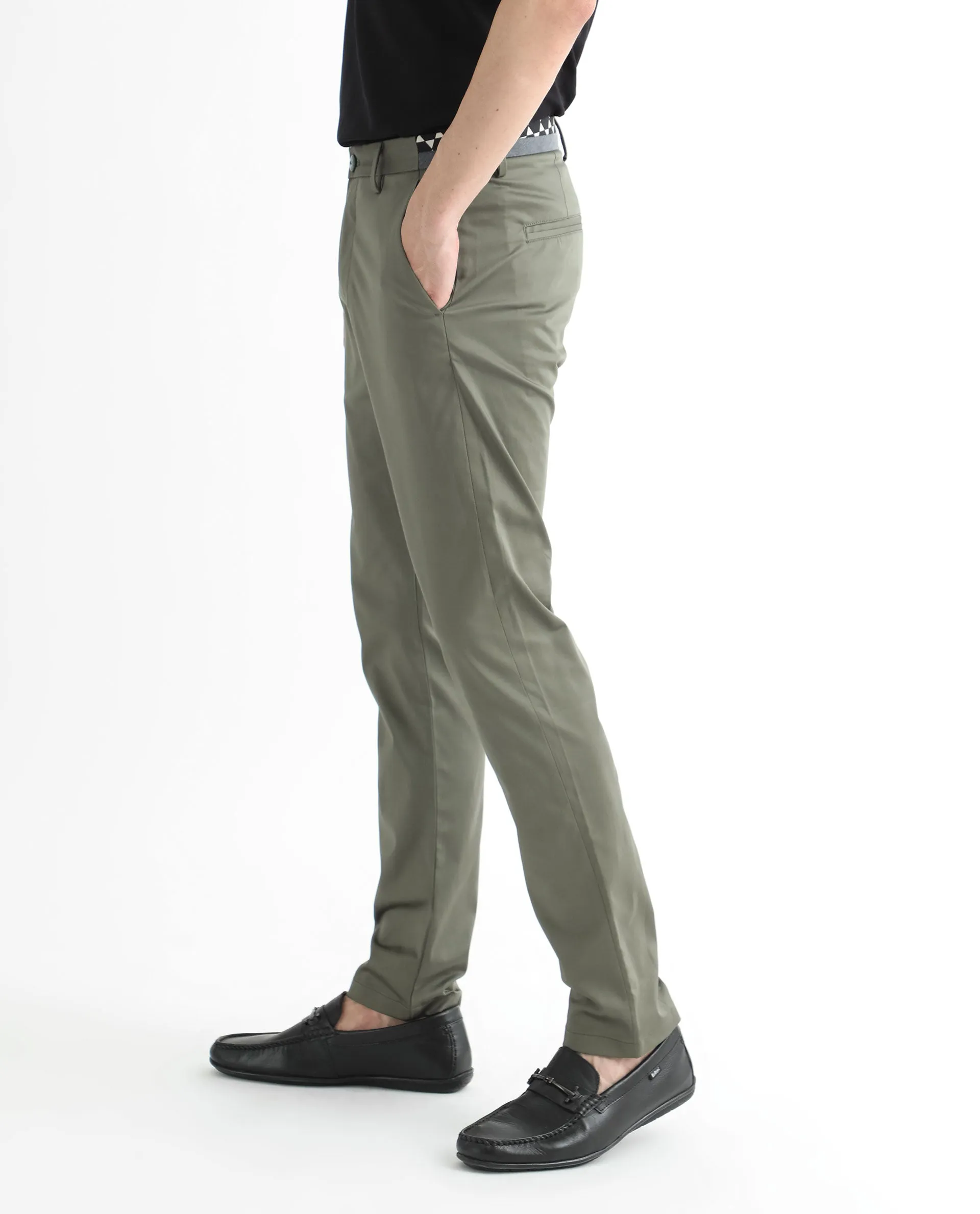 Rare Rabbit Men's Daron Olive Solid Mid-Rise Regular Fit Stretch Trousers