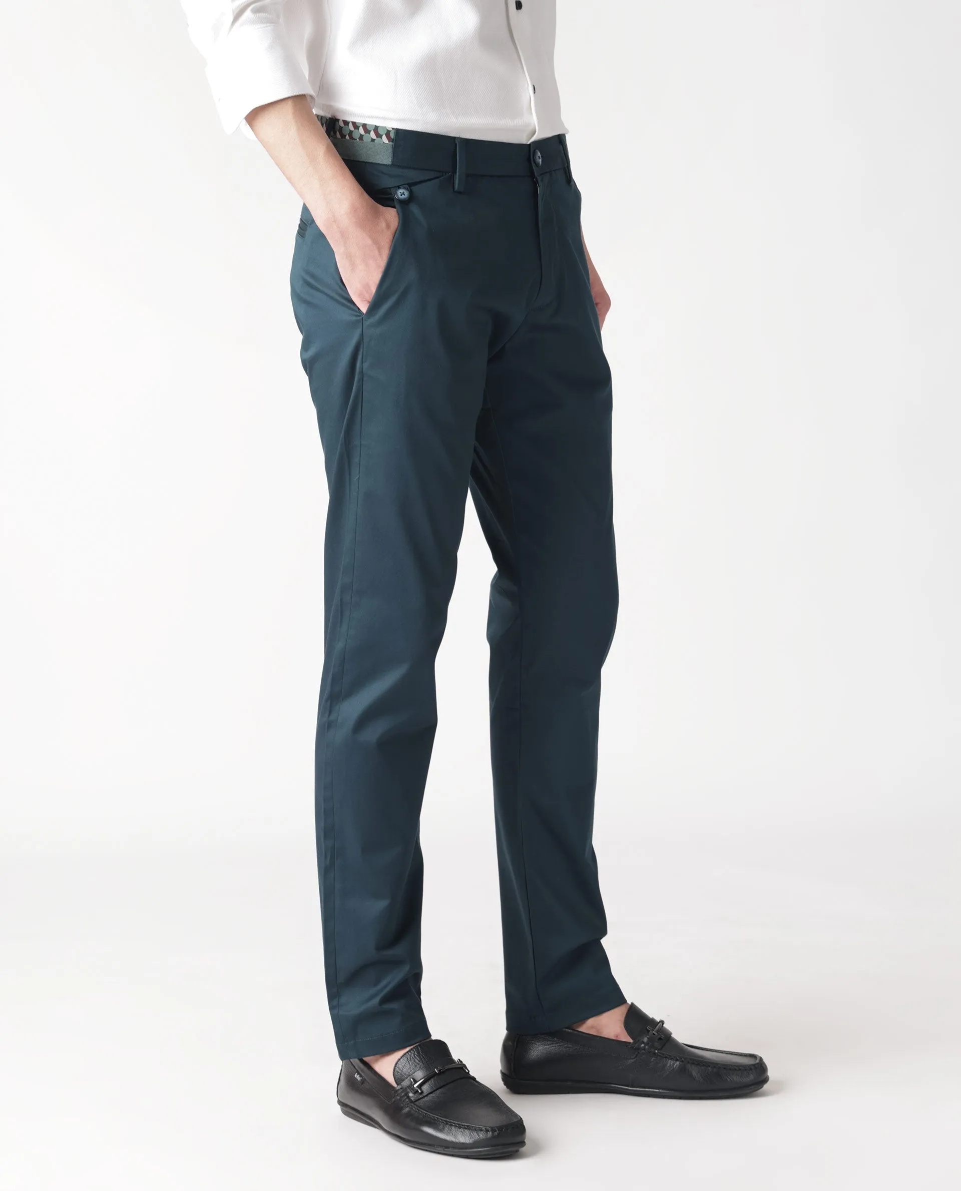 Rare Rabbit Men's Daron Petrol Solid Mid-Rise Regular Fit Stretch Trousers