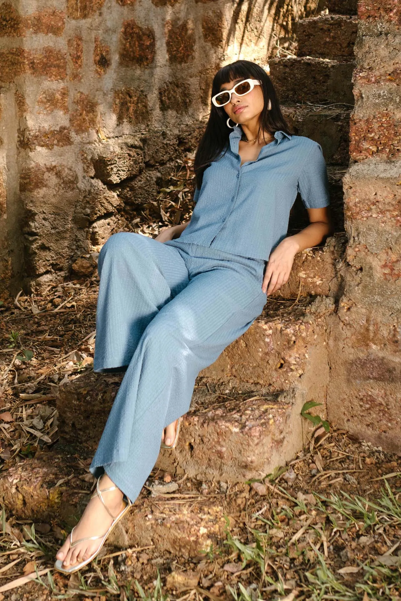 Seersucker Co-ord Set with Oversized Shirt and Oversized Pants
