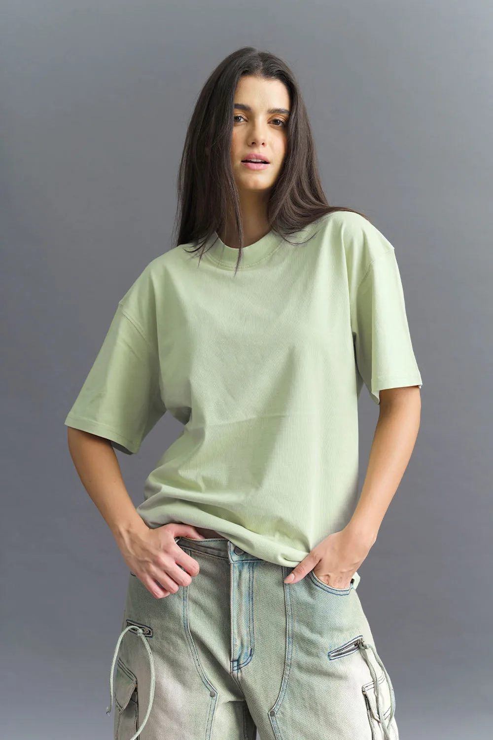 Solid Pastel Green Soft Jersey Oversized T-shirt