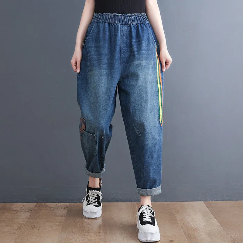 Striped and Checked Patchwork Denim Pants
