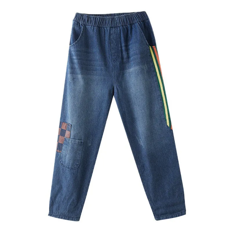 Striped and Checked Patchwork Denim Pants