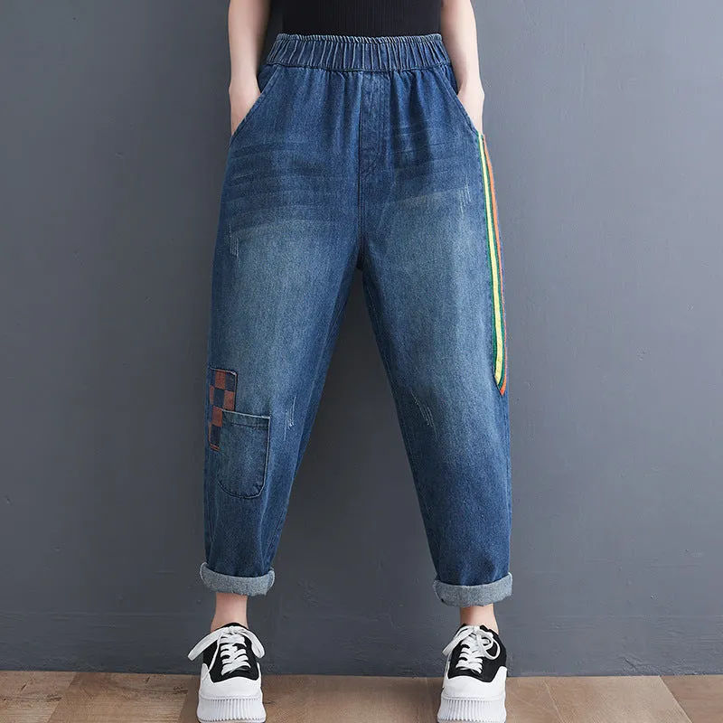 Striped and Checked Patchwork Denim Pants
