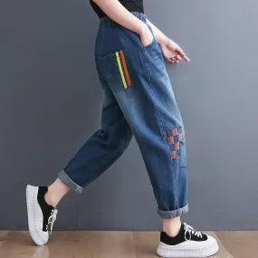 Striped and Checked Patchwork Denim Pants