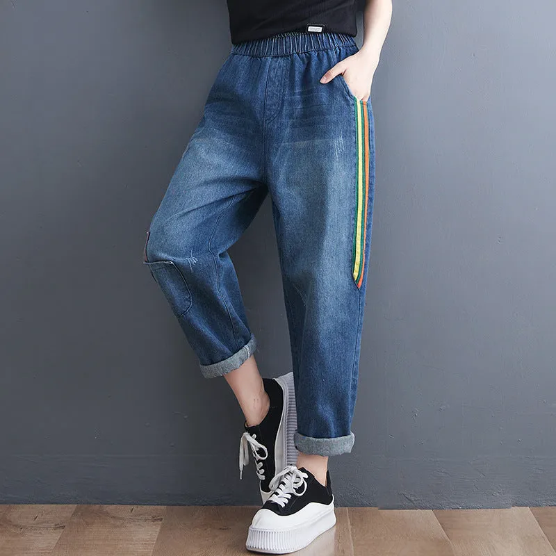 Striped and Checked Patchwork Denim Pants