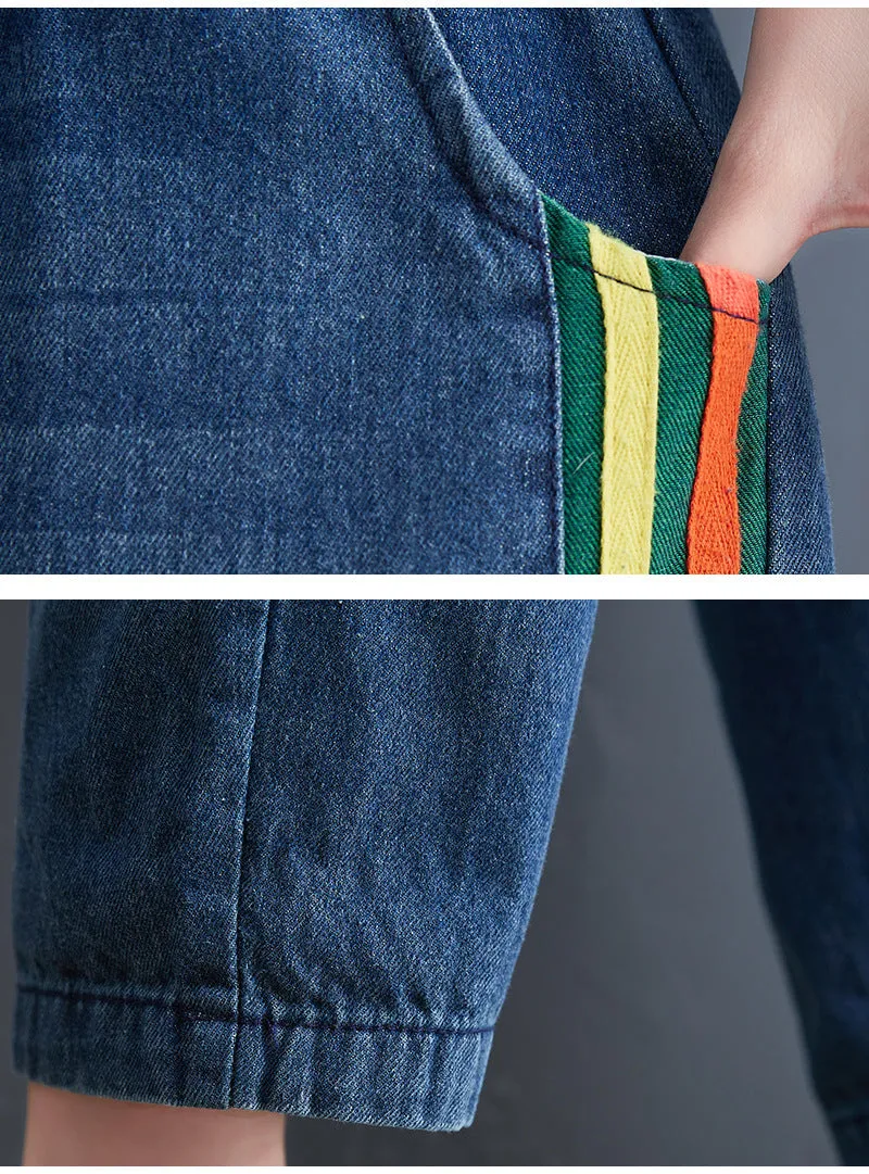Striped and Checked Patchwork Denim Pants