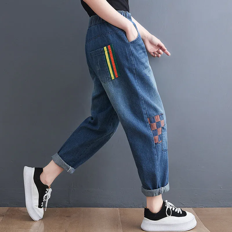 Striped and Checked Patchwork Denim Pants