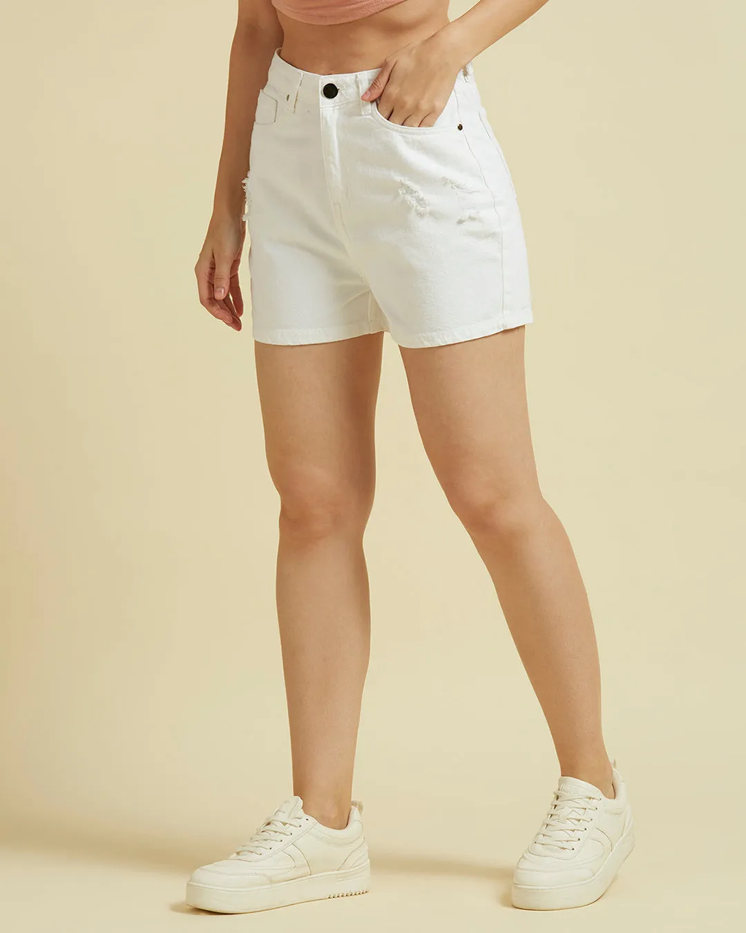 Style Quotient Women White High Rise Denim Shorts