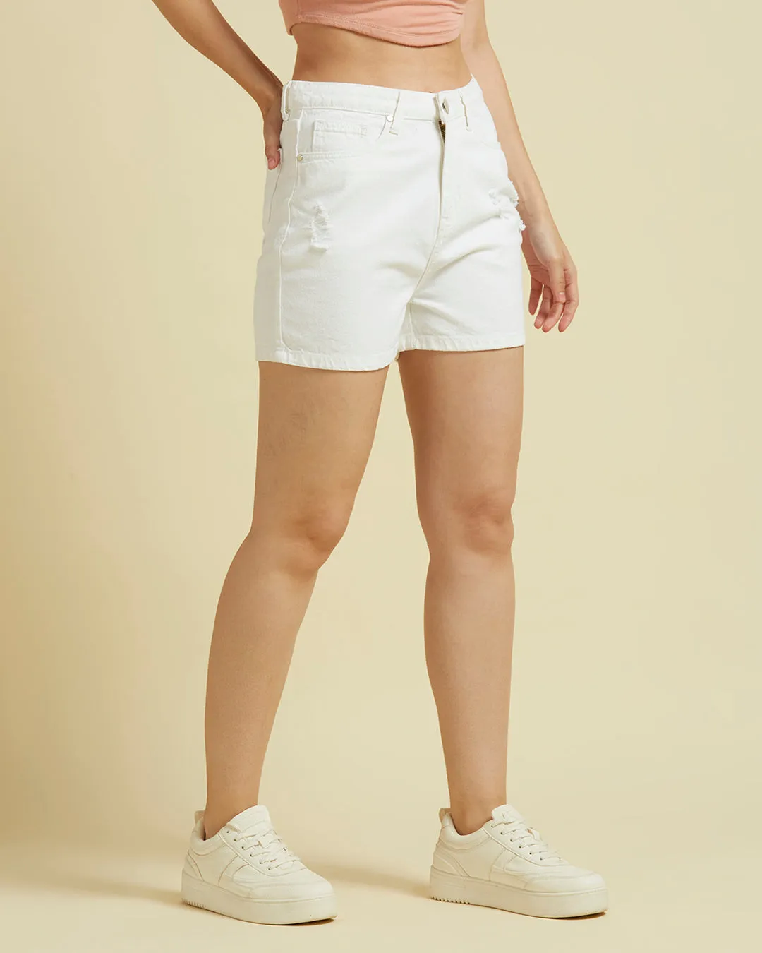 Style Quotient Women White High Rise Denim Shorts