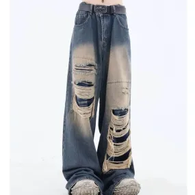 Washed Ripped Straight-leg Pants