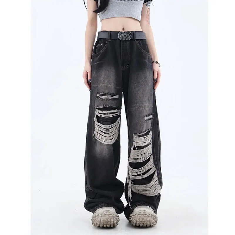 Washed Ripped Straight-leg Pants