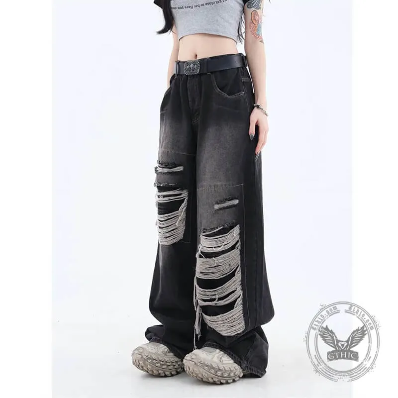 Washed Ripped Straight-leg Pants
