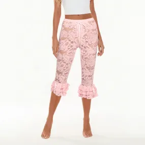 Wenkouban-y2k outfits retro design Women Floral Lace Capri Pants Coquette See-Through High Waist Ruffles Hem Trousers Summer Casual Pants Stretch Crop Leggings