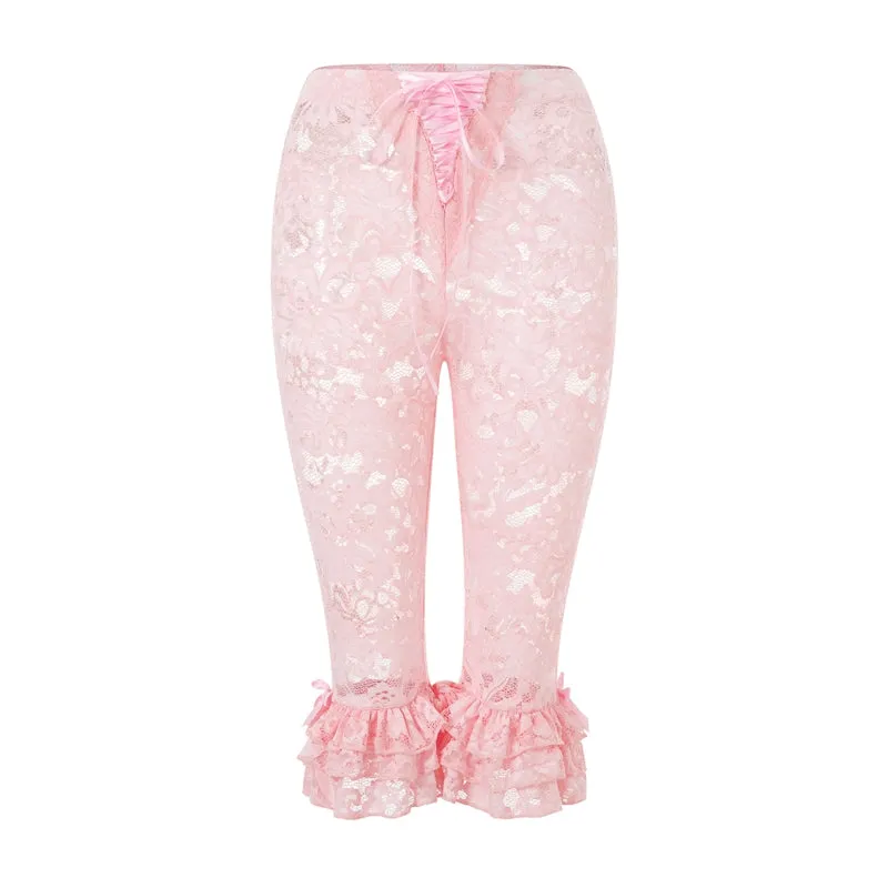 Wenkouban-y2k outfits retro design Women Floral Lace Capri Pants Coquette See-Through High Waist Ruffles Hem Trousers Summer Casual Pants Stretch Crop Leggings