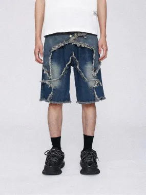 WLS Vintage Starry Fringe Hem Denim Shorts