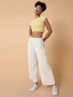 Women Flat Front Solid Cream Trousers
