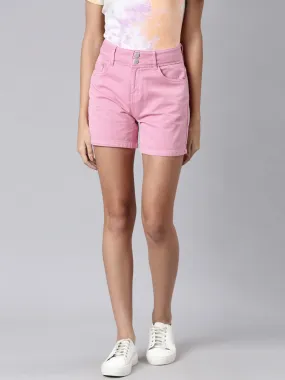 Women Pink Solid Denim Shorts