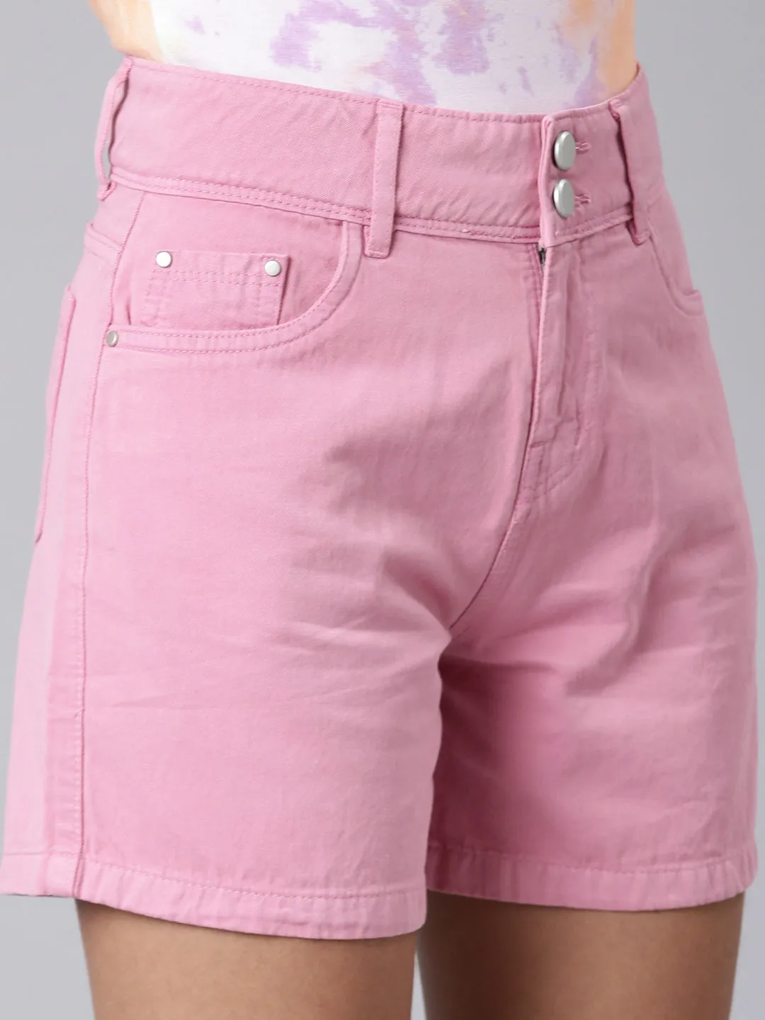 Women Pink Solid Denim Shorts